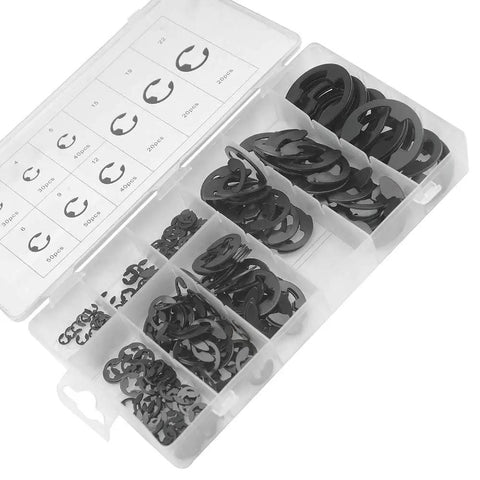 Pro Grade 300 Piece External Retaining Ring Kit in nine sizes from 3 mm to 22 mm, boxed E clip snap rings, black alloy steel.