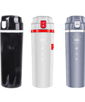 Grind Hard Play Hard 12 And 24V Car Kettle Boiler 500 Milliliter Hot Water Heater for Road Trips, features three color variations.