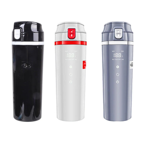 Grind Hard Play Hard 12 And 24V Car Kettle Boiler 500 Milliliter Hot Water Heater for Road Trips, features three color variations.