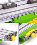 Close-up of X Y Milling Slide Table For Bench Drills, Aluminum Alloy with Dovetail Slots and measurement guide.