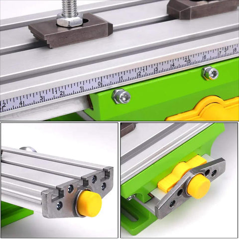 Close-up of X Y Milling Slide Table For Bench Drills, Aluminum Alloy with Dovetail Slots and measurement guide.