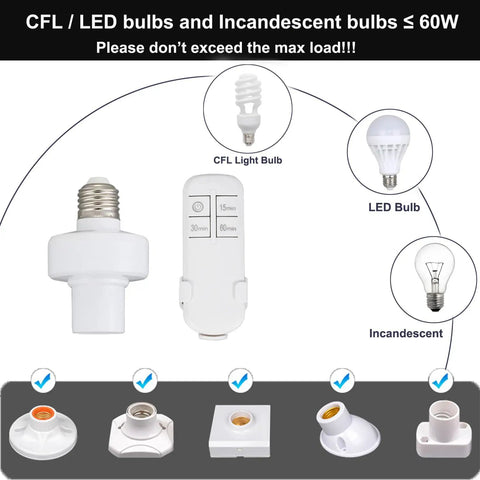 Remote Control Light Socket With Timer Kit For E26 And E27 Bulbs, Wireless Wall Mounted Lamp Holder Switch, diagram of compatible bulbs