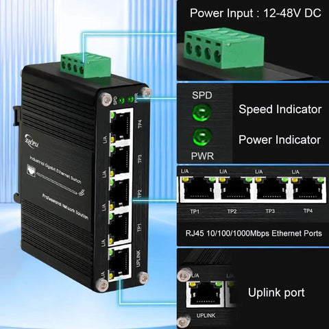 Rugged Industrial 5 Port Gigabit Ethernet Switch Built For CCTV And Factory Automation, 12-48V DC Power, IP40 Aluminum Case