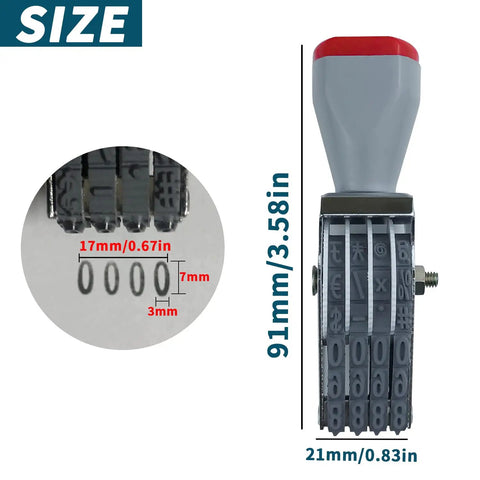 Killer 4 Digit Number Roller Stamp With Changeable Dial Wheel, dimensions 91mm x 21mm, ergonomic design, heavy duty rubber.