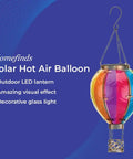 Colorful solar hot air balloon lantern with flickering flame effect for outdoor hanging, LED glass light, 15 inch, purple backdrop
