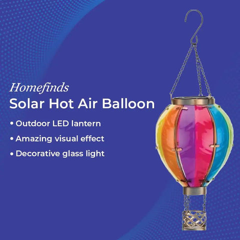 Colorful solar hot air balloon lantern with flickering flame effect for outdoor hanging, LED glass light, 15 inch, purple backdrop