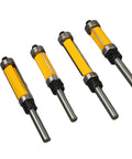 Cool Flush Trim Router Bit Set With 1/4 Inch Shank Plus Heavy Duty 1/2 Cut Diameter For Smooth Wood Trimming And Professional Grade Finish, showing four router bits.