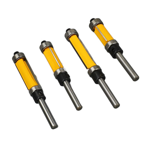 Cool Flush Trim Router Bit Set With 1/4 Inch Shank Plus Heavy Duty 1/2 Cut Diameter For Smooth Wood Trimming And Professional Grade Finish, showing four router bits.