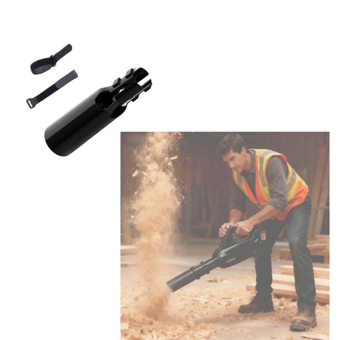 Airflow Booster Turbo Extension for Leaf Blowers in use, fits 2 to 4 inch nozzles, doubles air pressure and speed, black 1PC