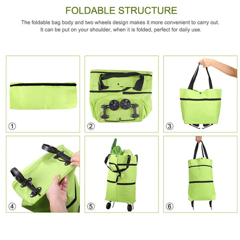 6-step folding process of 2 In 1 Foldable Shopping Cart With Wheels And Waterproof Tote, showing compact storage design and portable use.