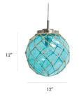 Coastal Sea Glass Pendant With Aqua Glass, Netted Buoy Design In Brushed Nickel, Natural Rope Accents, 12 Inch Shade