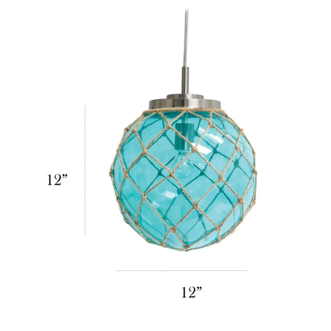Coastal Sea Glass Pendant With Aqua Glass, Netted Buoy Design In Brushed Nickel, Natural Rope Accents, 12 Inch Shade