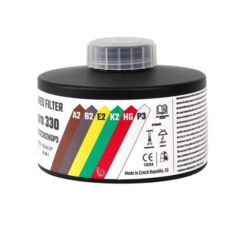 DotPro 330 Industrial Filter Built Tough For 40mm NATO Respirator A2 B2 E2 K2 Hg P3 visible with color-coded labels