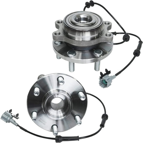 4WD Wheel Bearing Hub Assembly Set For Nissan Frontier And Pathfinder, 6 Lug With ABS, Front And Rear Hubs, Fits 2005 To 2019 Frontier And 2005 To 2012 Pathfinder 4x4 Models, Includes Replacement Part Numbers 515065 541003, Beefed Up 4x4 Upgrade showing front and rear hubs with ABS wiring