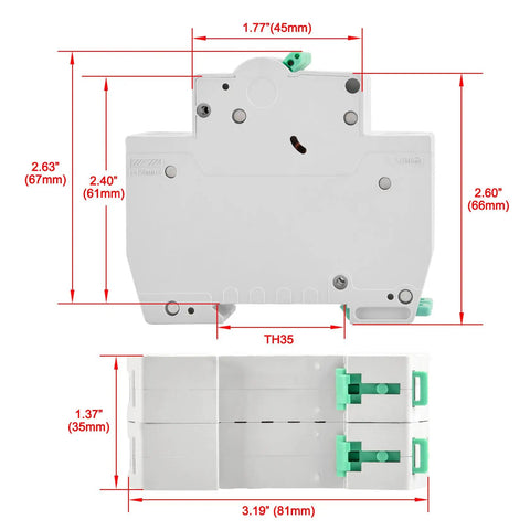 Dimensions of DC Miniature Circuit Breaker 2-Pole 40 Amp Non-Polarized Type B 12V-110V DC MCB with 6kA Breaking Capacity.