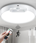 Upgraded 8000mAh Rechargeable Ceiling Light With Remote Wireless Motion Sensor LED Fixture For Shower Bathroom Closet Stairs Hallway And Porch Cool White 6000K Long Lasting Battery No Wiring Needed, with remote control and USB cable