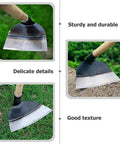 Heavy Duty Garden Hoe Tool With Solid Manganese Steel Blade showing details for sturdy handle and blade texture.