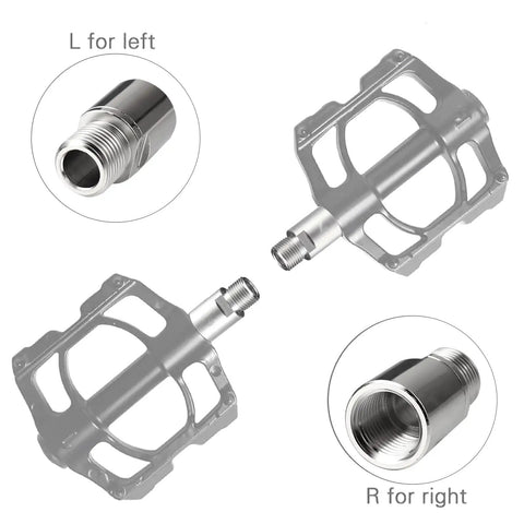 Heavy Duty Chrome Molybdenum Steel Bicycle Pedal Extenders 1 Pair Fits Nine Sixteenth Inch Threaded Pedals For SPD MT MTB BMX Road Street Bikes And Cruisers, showing left and right extenders with labels