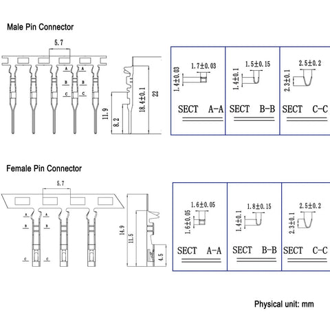 Technical diagram of 2.54mm Dupont Style Wire Connector Kit showing male and female pin dimensions for Pro DIY Electronics Projects.