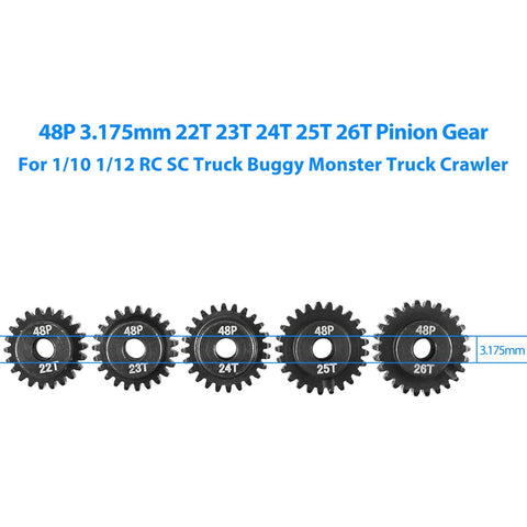 Five Pack 48P RC Motor Pinion Gear Set 22T 23T 24T 25T 26T Hardened Steel Upgrade For 1/10 Scale RC Cars With 3.175mm Shaft Motors Fits Steel Spur Gear Only