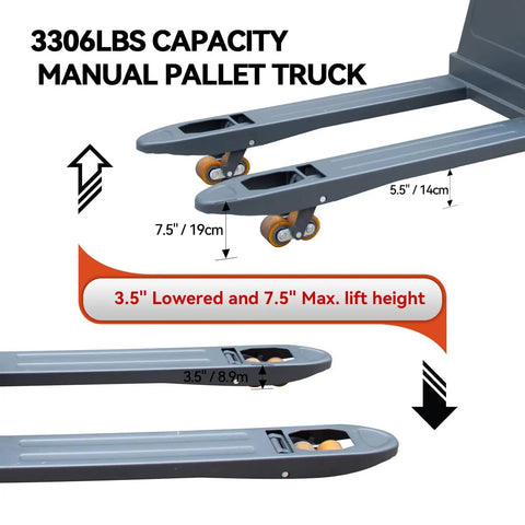 Solid Electric Pallet Jack With 3300 Lbs Capacity And Removable Lithium Battery For Heavy Lifting On Forks Plus Smooth Docks Factory Ride showing lift heights.