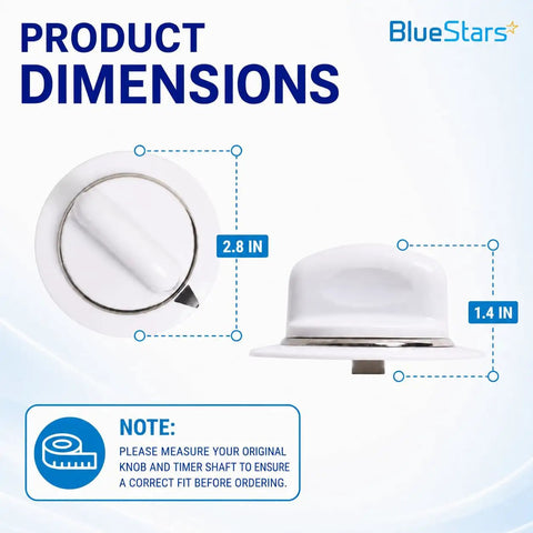 Image showing dimensions of Durable Dryer Timer Knob With Reinforced Metal Ring, Fits GE And Hotpoint Dryers, top and side views.
