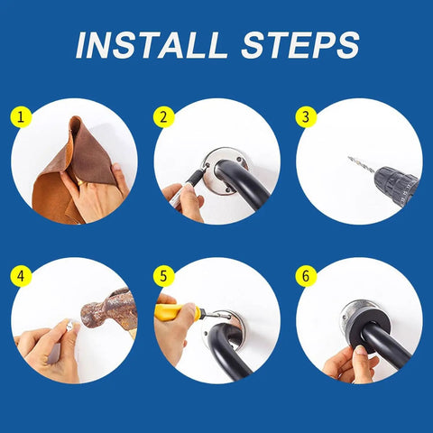 Installation steps for Built Like A Tank Matte Black Stainless Steel Grab Bars 12 Inch Handrail with tools visible.