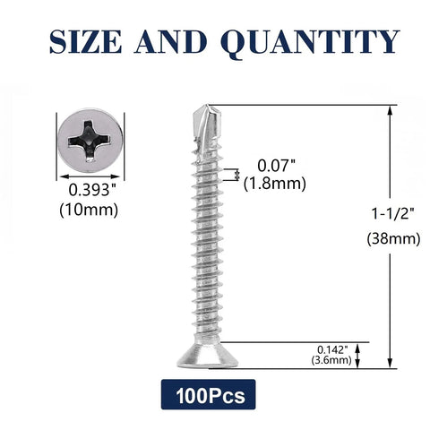 Hella Durable 100 Piece Size 12 By One And One Half Inch Sheet Metal Screws 410 Stainless Steel Flat Head Tek Self Tapping Fasteners Rust Proof Heavy Duty Hardware For Garage Mods dimension diagram