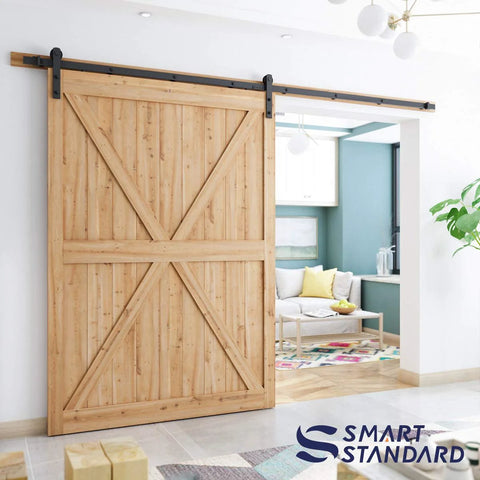 Installed 10Ft Barn Door Hardware Kit for 60 Inch Wide Doors with I Shape Hangers in a living room.