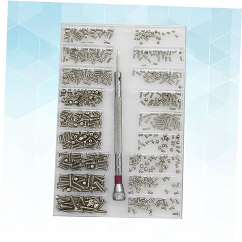 Top view of Miniature Electronics Screw Kit For Repairs with assorted tiny screws and tools in organized case for glasses and gadgets.