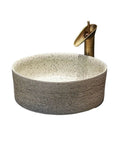 Retro Ceramic Vessel Sink Countertop Basin for Bathroom, Round Art Wash Basin with Drain and Faucet, Easy Clean Glaze Finish for Home Hotel Patio Decor 40cm, features textured grey exterior and gold faucet.