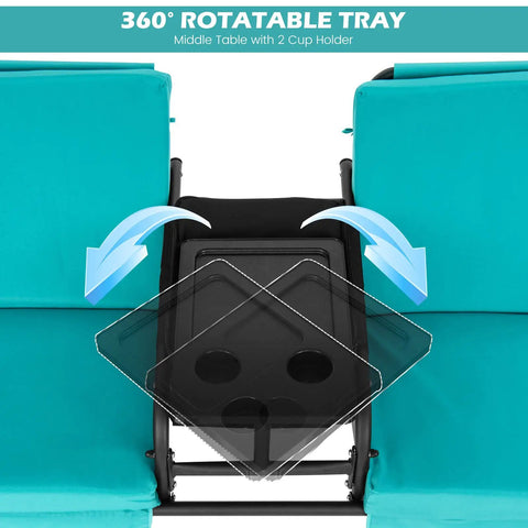 360° tray detail of Two Person Porch Swing With Pivot Storage Table And Cooler Bag, Dual Cup Holders, Removable Cushions, Turquoise