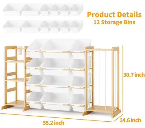 Ultimate Toy Storage Organizer With Bookshelf And 12 Removable Bins For Kid's Playroom, dimensions shown