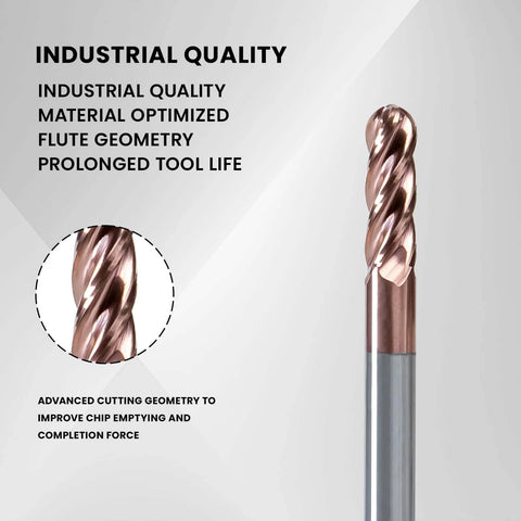 4-flute 1/16 in TiSiN-coated ball-nose end mill for machining stainless steel, alloy steel, and titanium alloy.