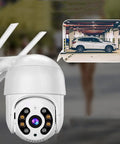 Watch Your Back 270 Degree PTZ Security Camera 1080P HD Outdoor AI Human Detection showing a parked car in a garage.