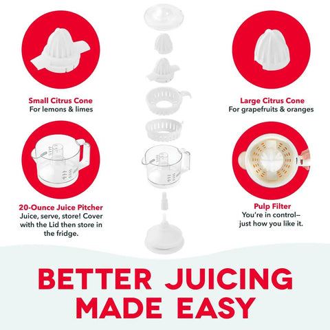 Dash Dual Electric Citrus Juicer Machine With Auto Reversing Reamer And Adjustable Pulp Control parts display with 20 oz pitcher, cones, and pulp filter.