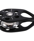 Black and silver Zipline Speed Pulley 28KN Climbing Pulley For Rope Rescue Hauling And Backyard Zip Line Setup, side view