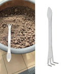 4 Pack Bonsai Rake Set Stainless Steel Root Rake next to potted soil, mini kumade tool for bonsai and indoor plants soil care.