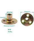 Bulletproof Screw In Tee Nuts M10 Three Eighth Inch Zinc Plated Carbon Steel Flange Inserts Pair measuring 37mm and 14mm for secure assembly.