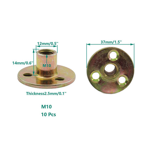 Bulletproof Screw In Tee Nuts M10 Three Eighth Inch Zinc Plated Carbon Steel Flange Inserts Pair measuring 37mm and 14mm for secure assembly.
