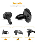 Solid Nylon Bumper Fastener Clips 100 Piece Set Replaces GM And Ford Rivets Comes With Free Remover Tool showing reusable clips with card slot design.