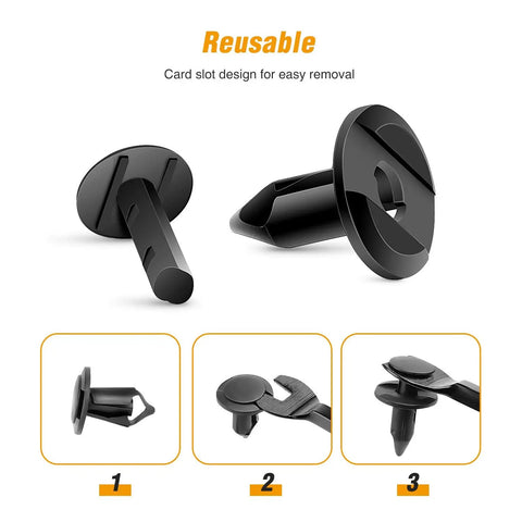 Solid Nylon Bumper Fastener Clips 100 Piece Set Replaces GM And Ford Rivets Comes With Free Remover Tool showing reusable clips with card slot design.