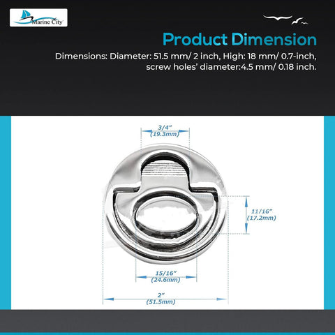 Front view of Marine City round spring-loaded flush lifting ring, 2-inch diameter, 316-grade stainless steel with dimension diagram.