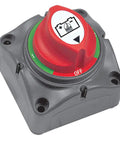 Kickass Heavy Duty Marine Battery Switch Selector With 1 2 Both Off Positions For Dual Bank Boat Rv Rig Featuring Badass 1000 Amp Cranking 48 Volt Power Gray Red Panel close-up view of the selector switch.
