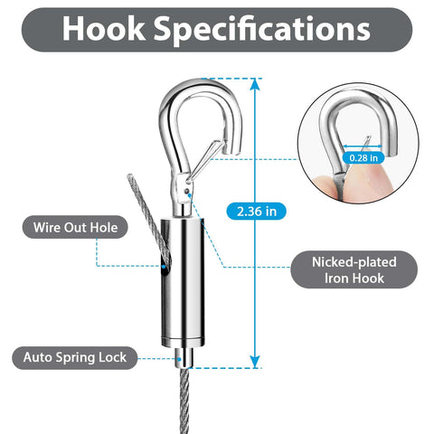 Hook specifications for Eight Piece Adjustable Picture Hanging Wire Kit With 6.6Ft Heavy Duty Stainless Steel Rope For Frames And Mirrors.