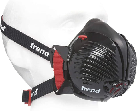 Side view of Air Stealth Dust Mask Respirator M/L with Replaceable HEPA Filters, black TPE shell, worn on mannequin