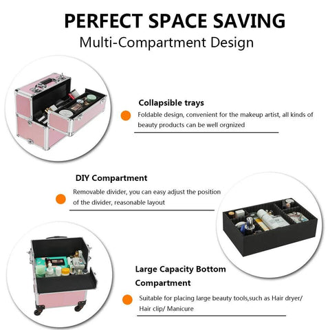 Diagram of 2 In 1 Rolling Makeup Case For Travel And Studio highlighting collapsible trays, DIY compartment, and large capacity bottom compartment.