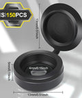 Heavy Duty Black Plastic Hinged Screw Cap Covers For 6 And 8 Hardware 150 Pack shown open with measurements for M3 and M4 threads.