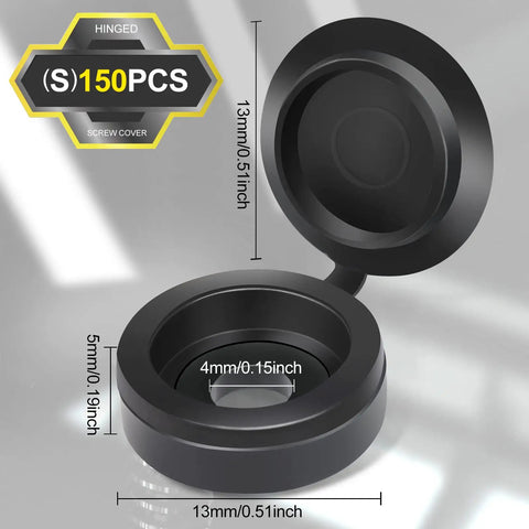 Heavy Duty Black Plastic Hinged Screw Cap Covers For 6 And 8 Hardware 150 Pack shown open with measurements for M3 and M4 threads.