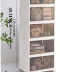 Clear Foldable Door Storage Organizer With Snap On Lids Stackable Polypropylene Hanging Bins tall unit with five transparent bins.